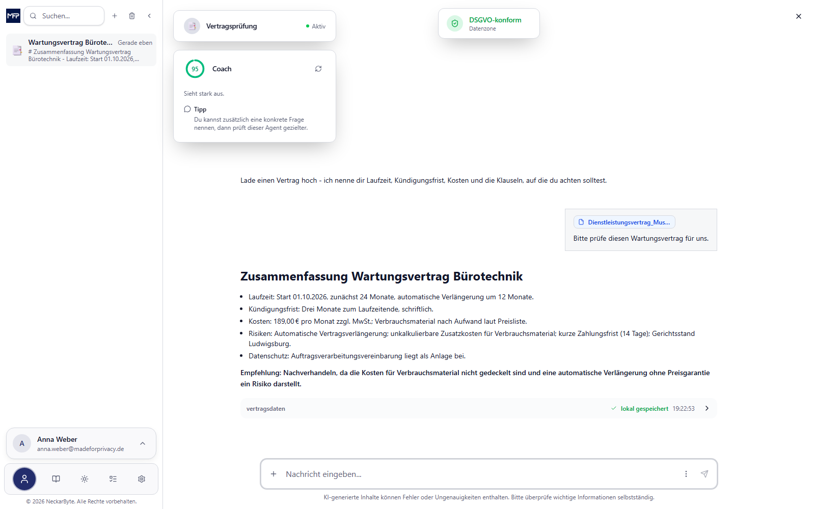 MadeForPrivacy Client: Vertragspr&uuml;fung mit Zusammenfassung, Empfehlung und Coach