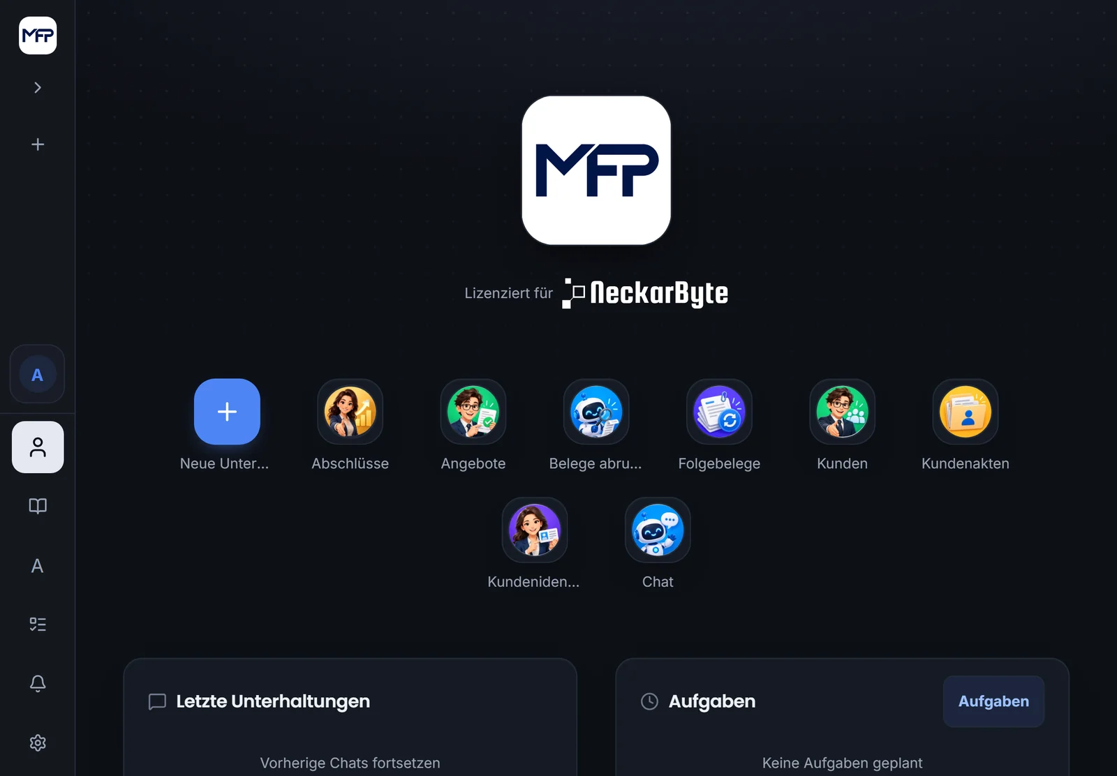 MadeForPrivacy auf dem iPad im Querformat: Seitenleiste links, Agenten, letzte Unterhaltungen und Aufgaben