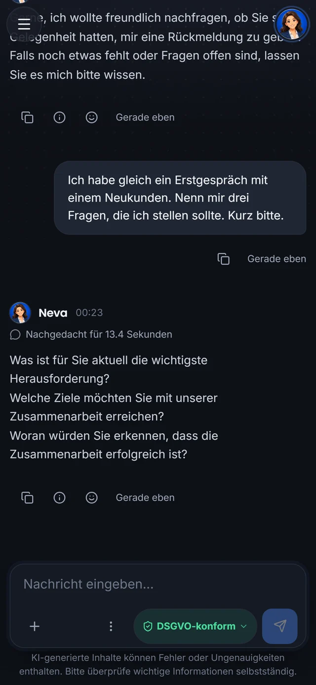 Unterhaltung mit Neva auf dem iPhone, unten die Eingabe mit der Datenzone