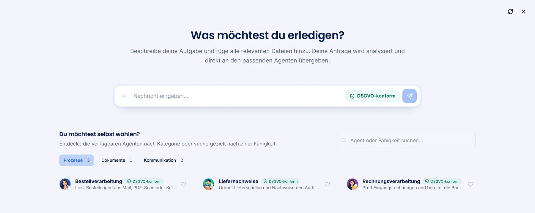 Agenten-Auswahl im MadeForPrivacy Client: Kategorien, Suche und Datenzone je Agent