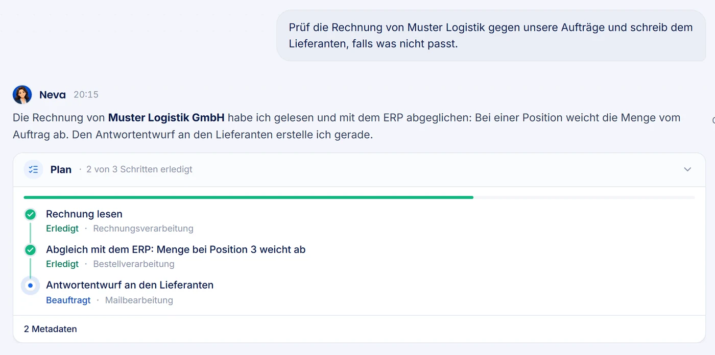 Neva im MadeForPrivacy Client: Plan mit drei Schritten f&uuml;r die Rechnungspr&uuml;fung &ndash; Rechnung gelesen und mit dem ERP abgeglichen, Antwortentwurf an den Lieferanten beauftragt